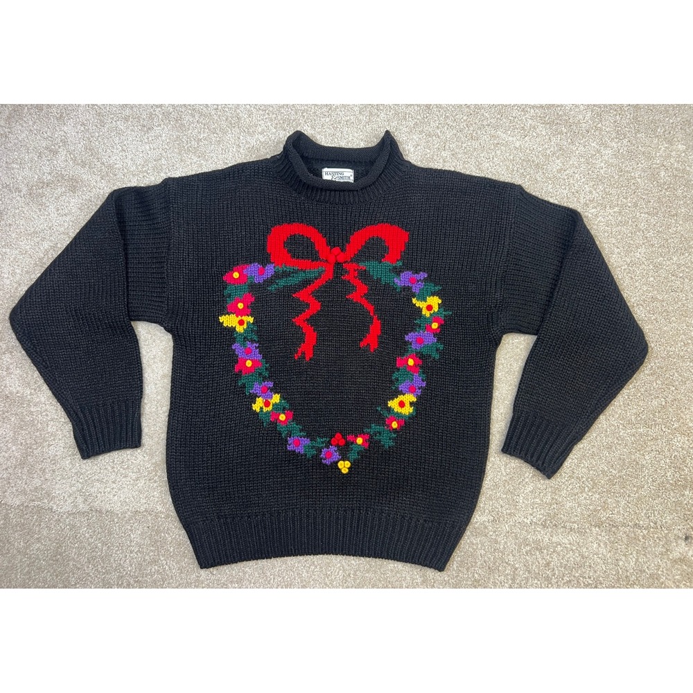 Vtg Hasting &‎ Smith Black Turtleneck Sweater Floral Wreath Bow Knit Womens M